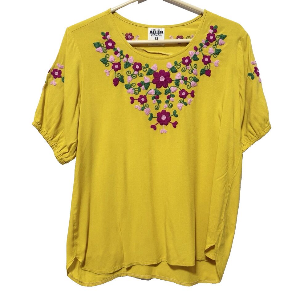 Bordados Marisol Yellow Floral Embroidered Short Sleeve Top Size L Colorful